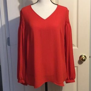 Tomato Red Flowy Blouse W/Vneck & Scalloped Sleeve